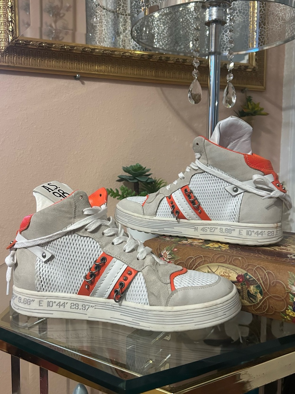 A.S.98 Women's High-Top Punk Rock Sneakers in White & Orange Size 40/9-9.5